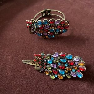 Vintage rhinestone peacock bracelet and hair clip